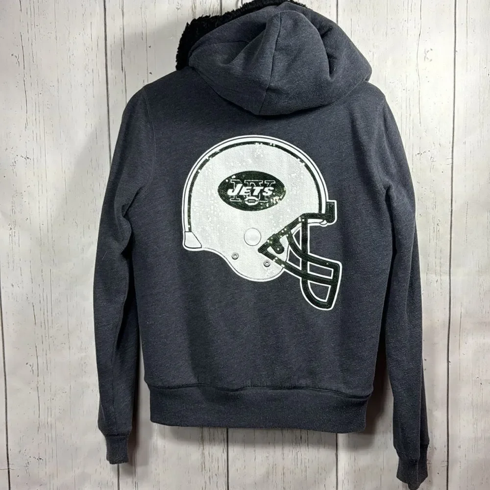 Pink Victorias Secret Faux Fur Lined NFL Jets Sequins Zip Hooded Pockets Gray